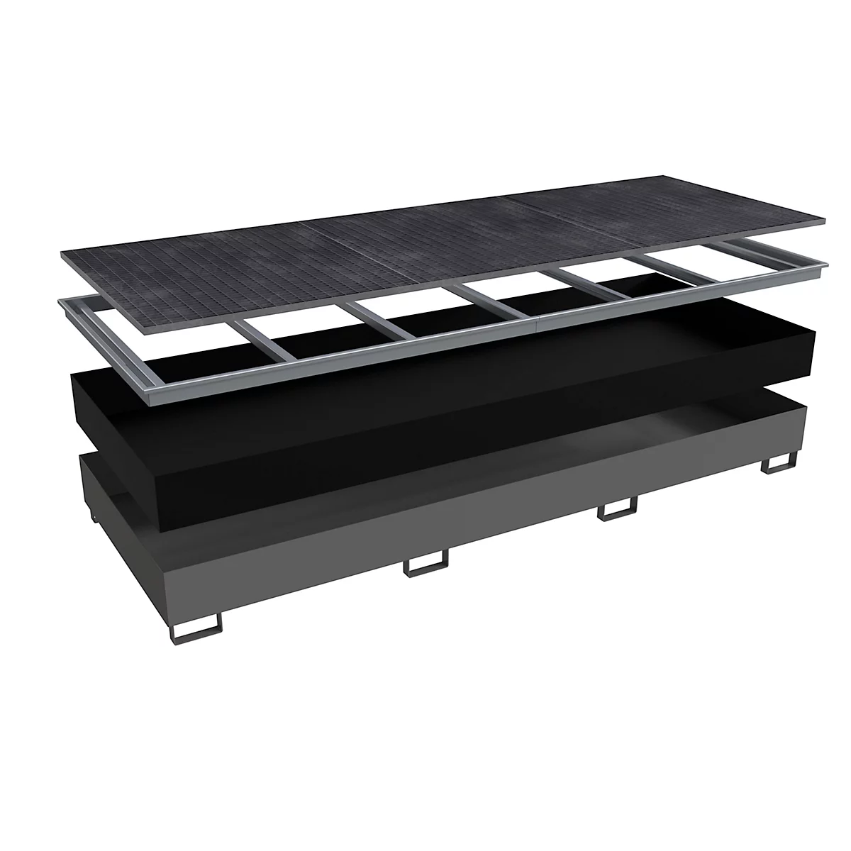 Exploded view van een podiumelement. De afzonderlijke componenten zijn zichtbaar: plaat, frame, vulling en onderbouw.