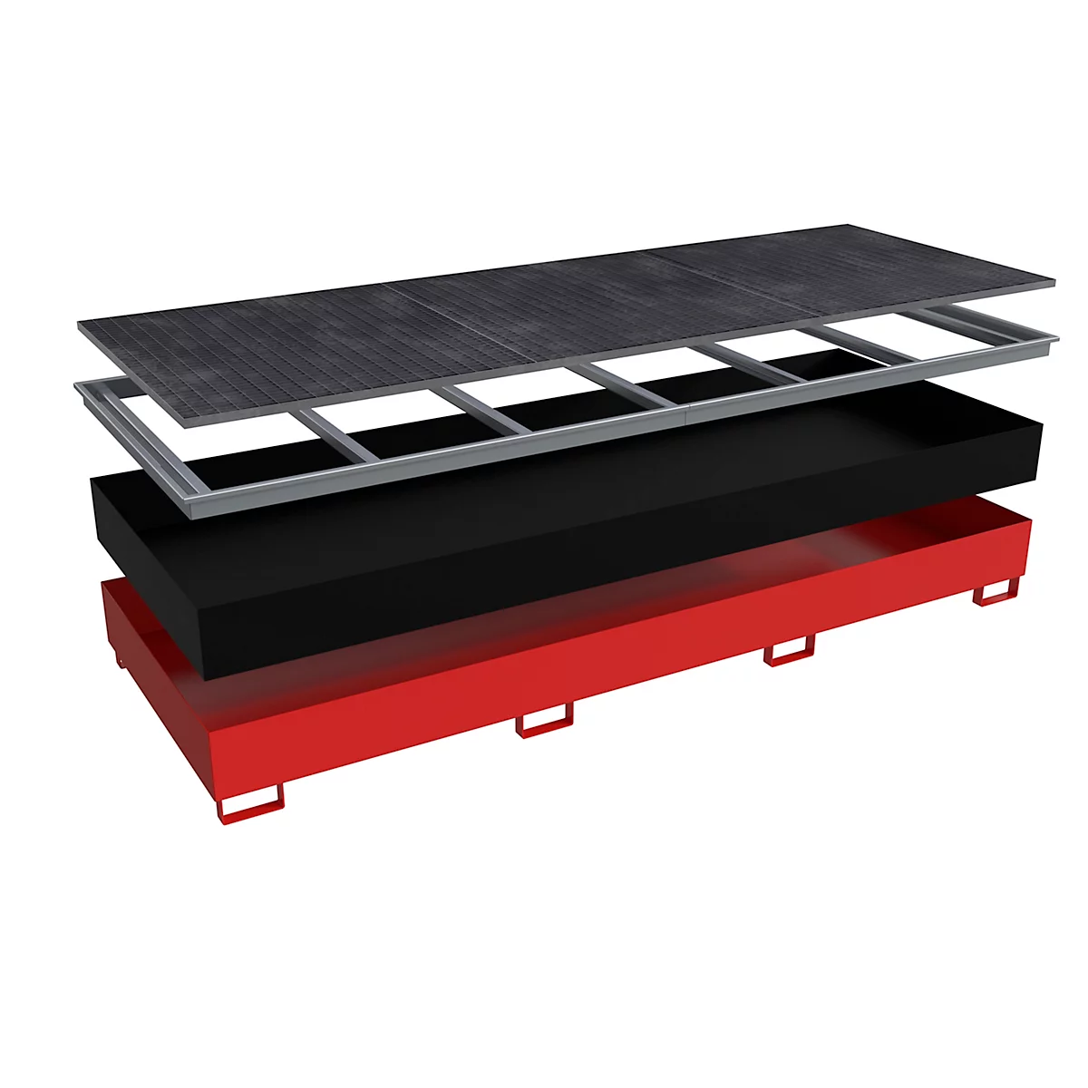 Exploded view van een rode opvangbak met zwarte vulling, metalen frame en zwarte afdekking.
