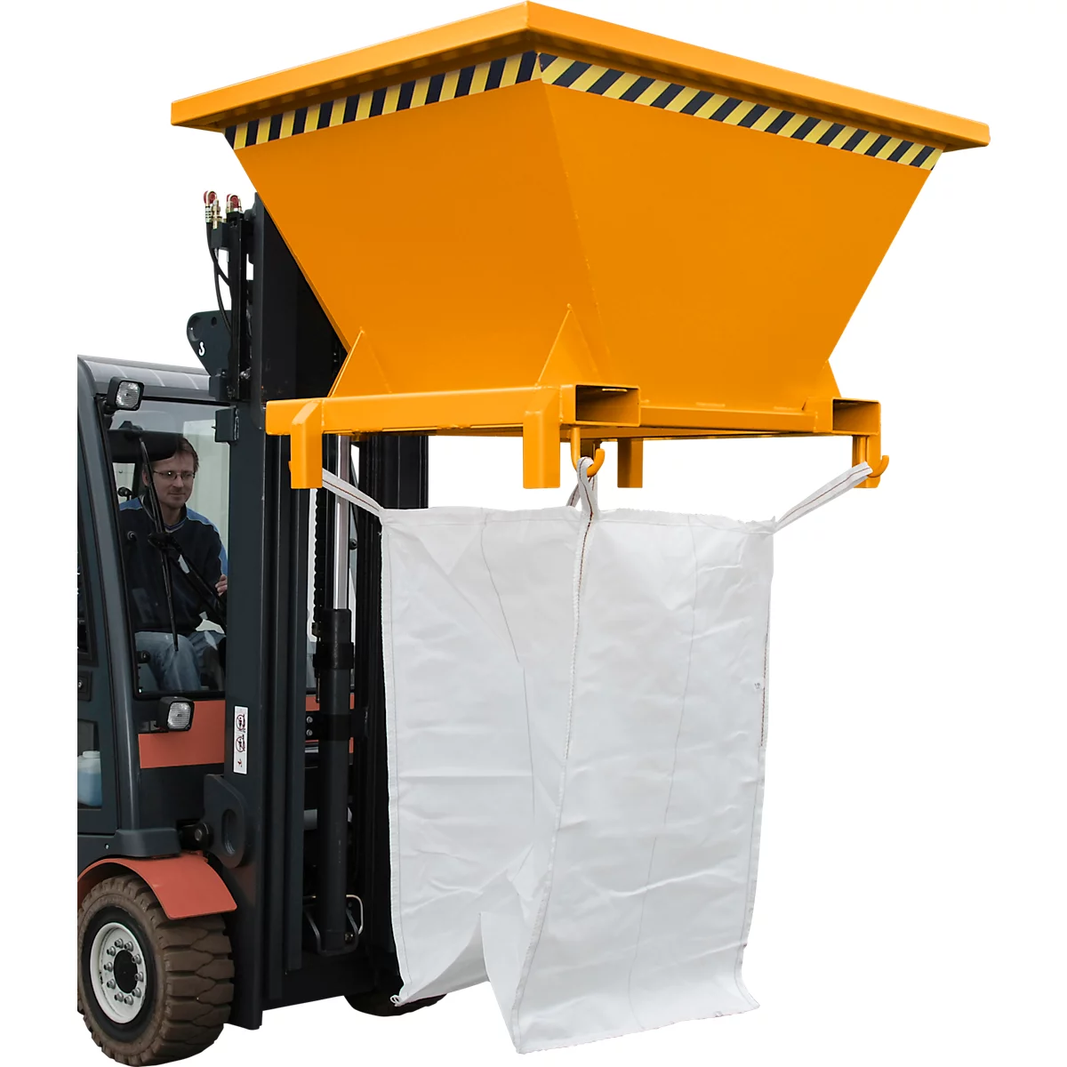 Bauer SBT Trémie de remplissage, tôle d'acier, pieds de support, pattes d'entrée, peinte, L 1320 x l 1710 x H 990 mm, jaune-orange RAL 2000