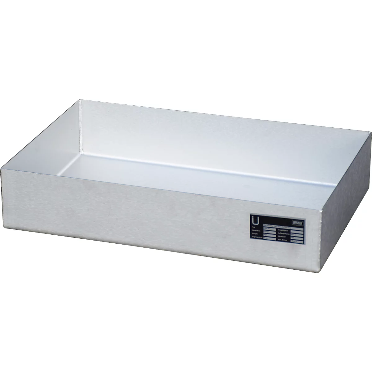 Rectangular silver metal tray. A small label with text is attached to one side.