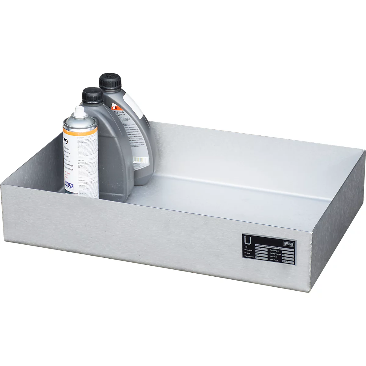 Metal tray with oil bottles and spray can, a label on the corner.