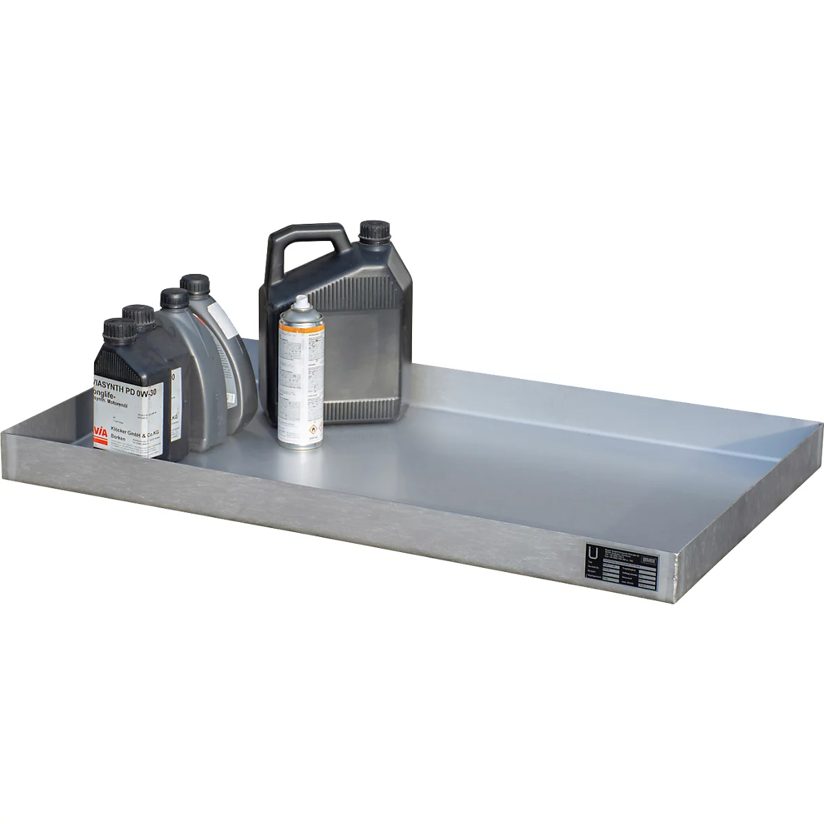 Metal tray with canisters and spray can.