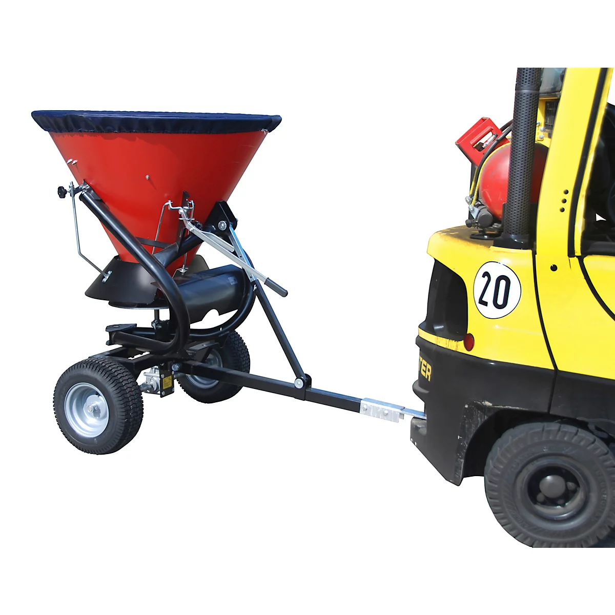Roter Streuwagen mit schwarzem Rahmen und einem Rad. Der Trichter ist konisch geformt.