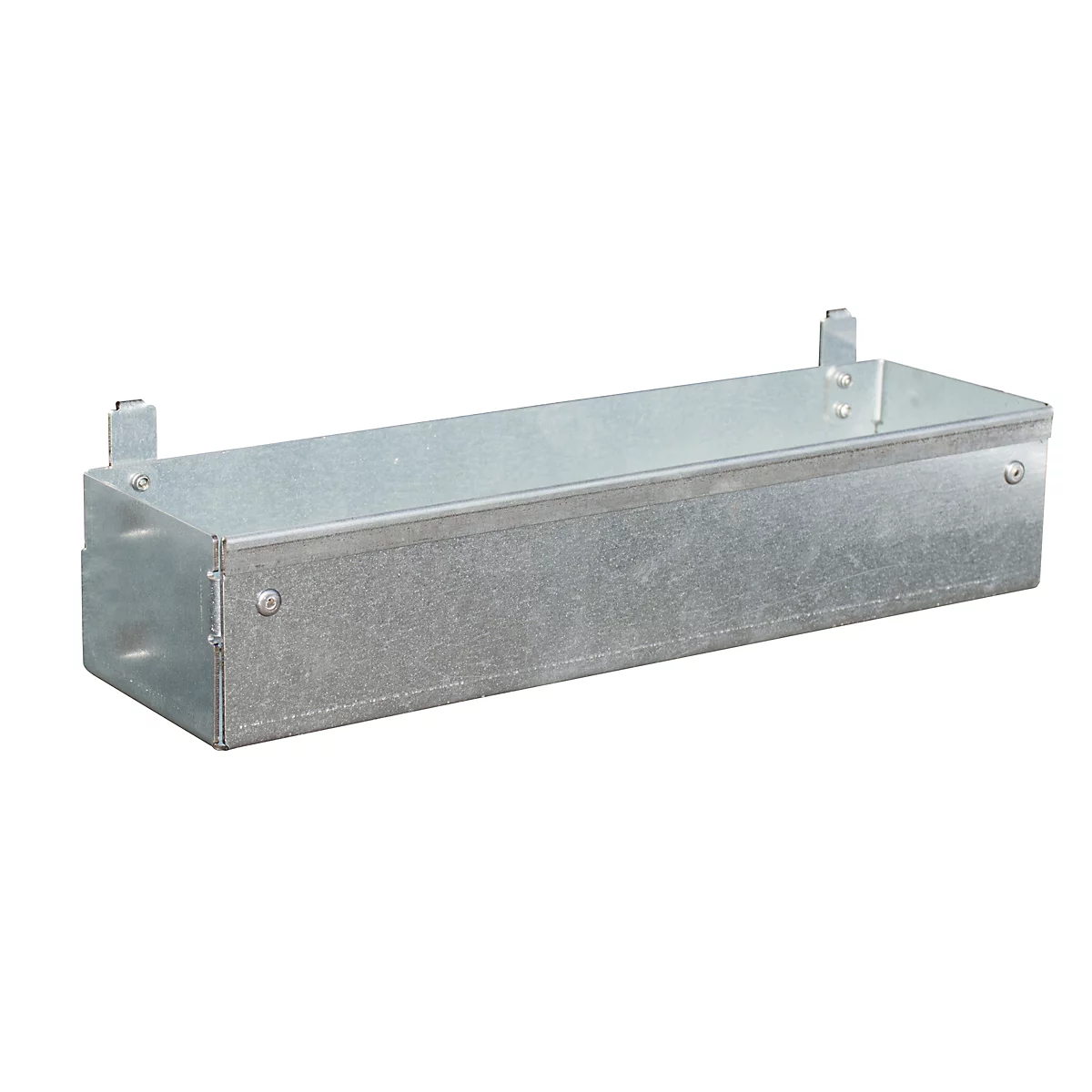A rectangular metal cable duct, made of shiny, silver-colored metal, with brackets on the sides.