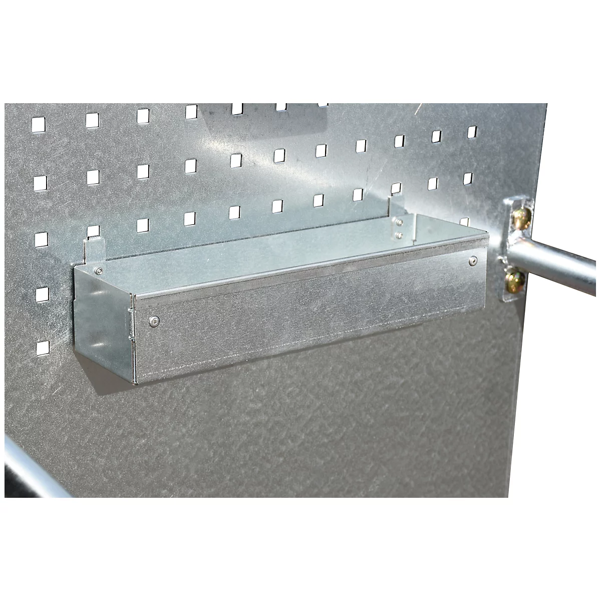 Metal shelf with perforated plate and bracket.