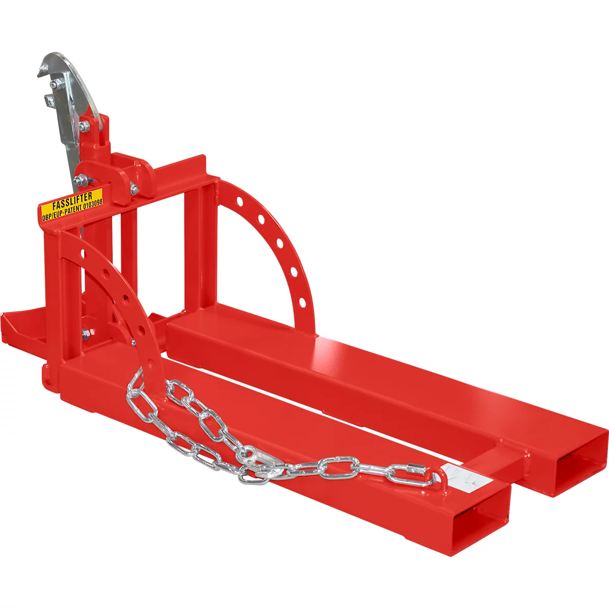 Bauer Vatenheffer RS 60-I, voor vorkheftruck, 1 x 60-l vaten, L 1050 x B 410 x H 460 mm, tot 100 kg, staal, vuurrood