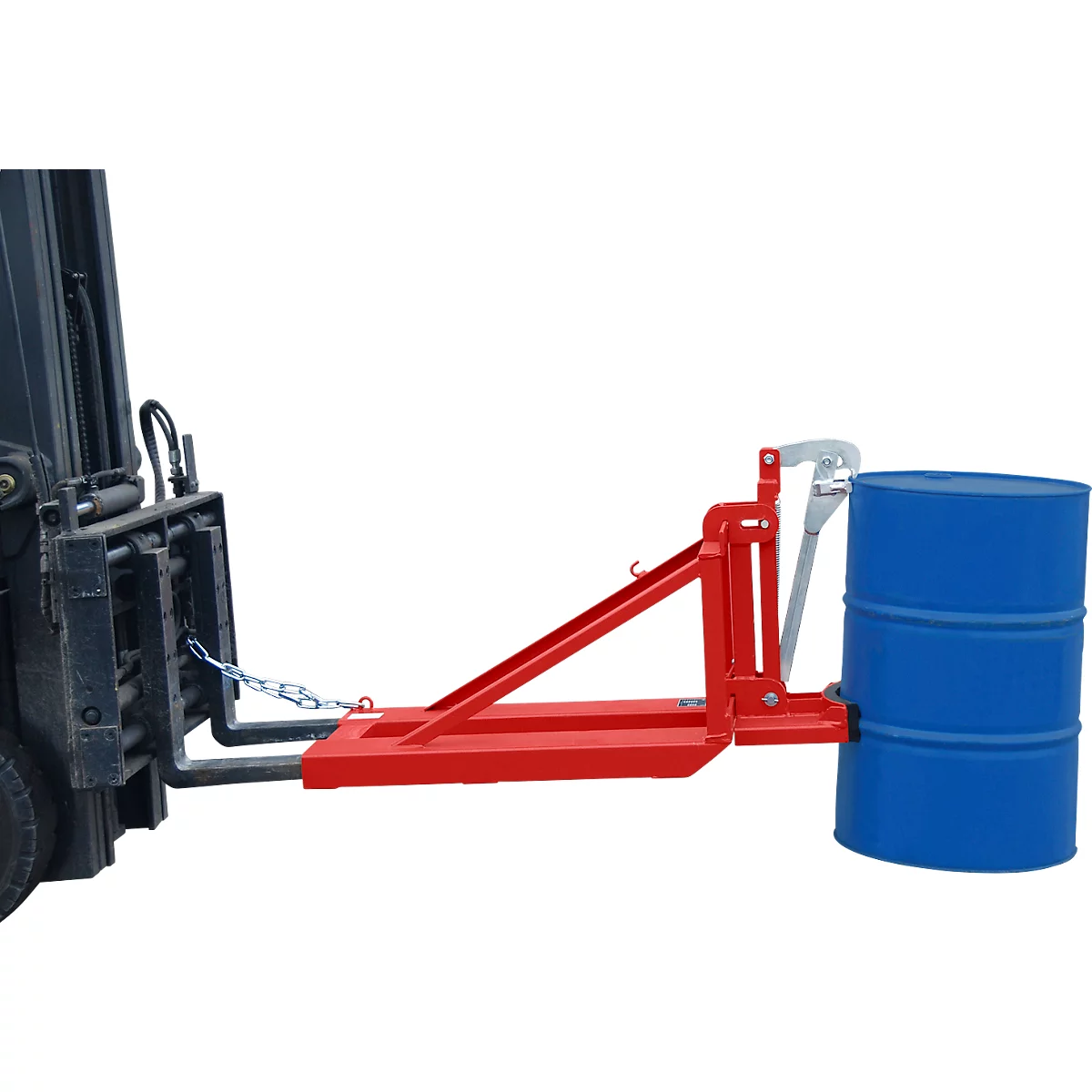 Bauer vatenheffer RS-I/91, voor vorkheftruck, 1 x 200/220 l vaten, L 1295 x B 585 x H 925 mm, tot 800 kg, staal, vuurrood