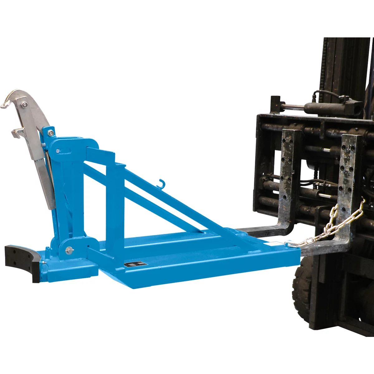 Bauer vatenheffer RS-I/D 91, voor vorkheftruck, 1 x 110 tot 200 dekselvaten, L 1285 x B 585 x H 810 mm, tot 800 kg, staal, lichtblauw