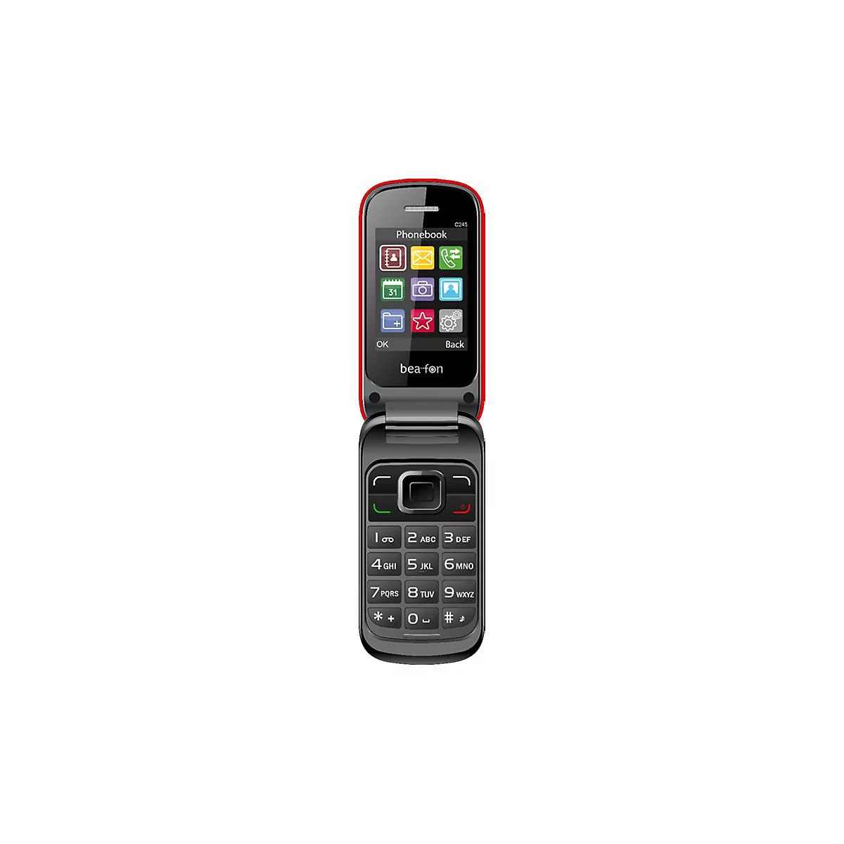 Klapphandy in Rot und Grau, halb geÃ¶ffnet mit Display. Tastenlayout und Bildschirm-Symbole sichtbar.