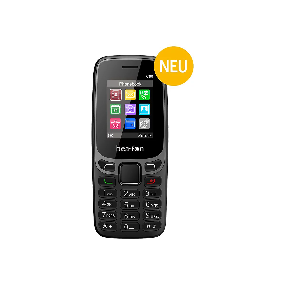 Ein schwarzes Mobiltelefon mit Tasten und einem Bildschirm mit Icons. Oben rechts ein gelber Kreis mit "NEU".