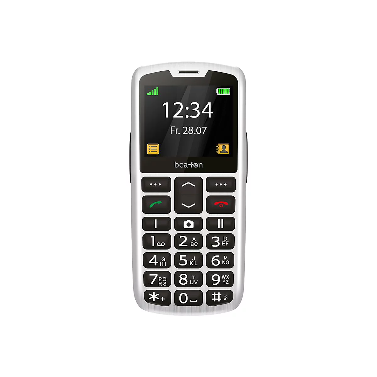 WeiÃŸes Mobiltelefon mit groÃŸen Tasten und Display, Uhrzeit 12:34.