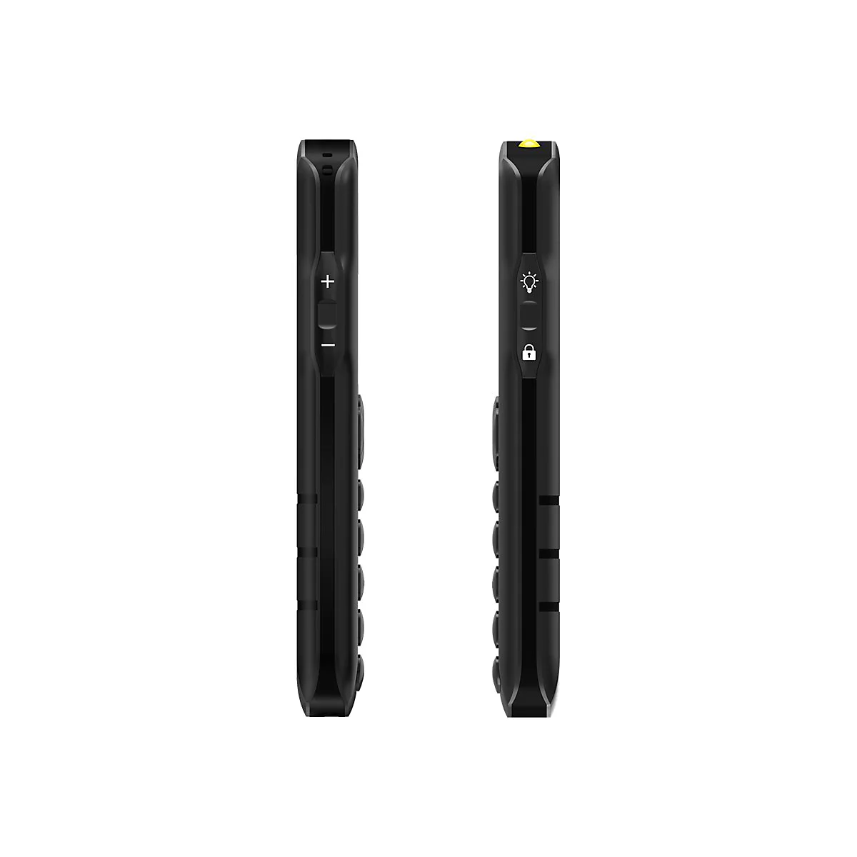 Zwei schwarze Fernbedienungen im Profil, eine mit Lautstärke, eine mit Licht- und Schloss-Symbolen.