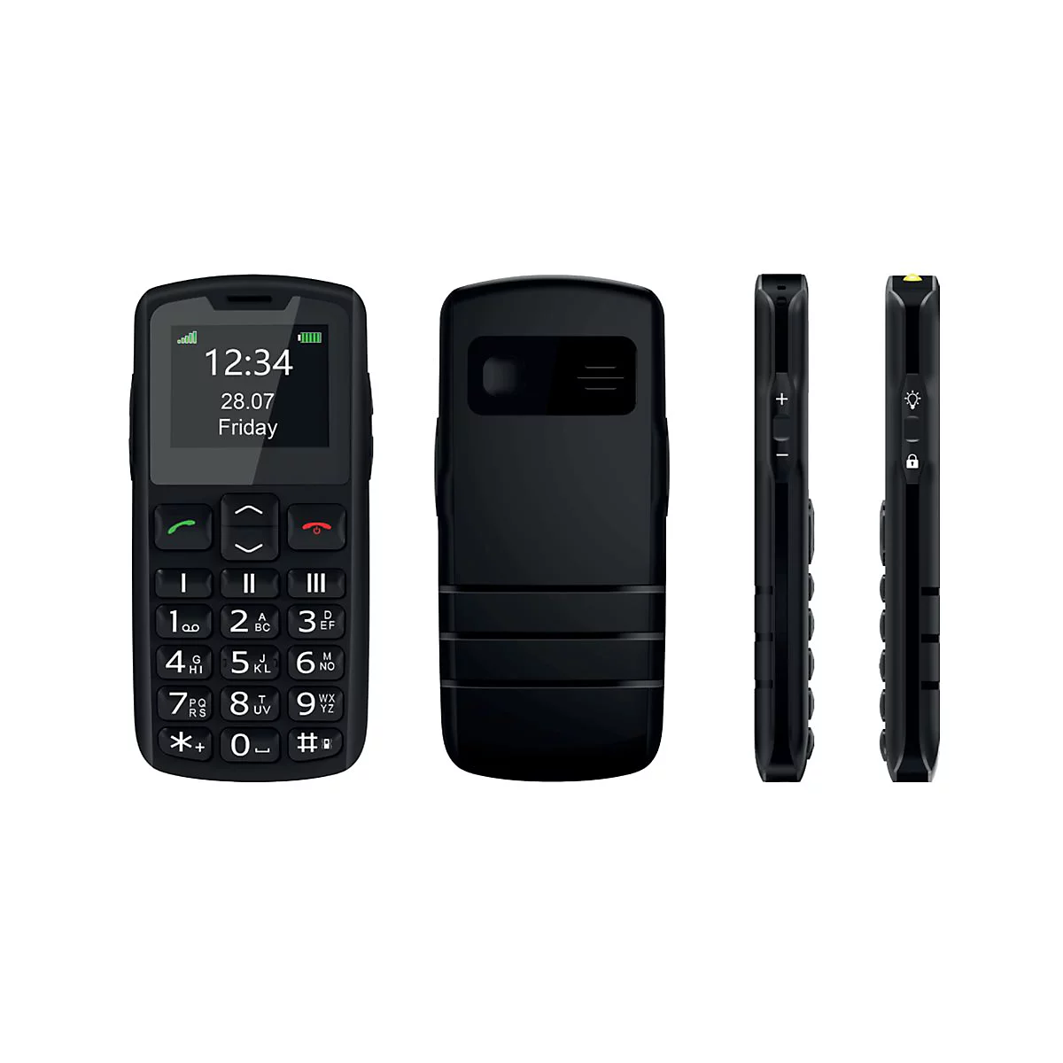 Schwarzes Mobiltelefon mit großen Tasten und Display. Uhrzeit: 12:34, Datum: 28.07, Freitag. Ansichten: Vorder-, Rück-, Seitenansicht.