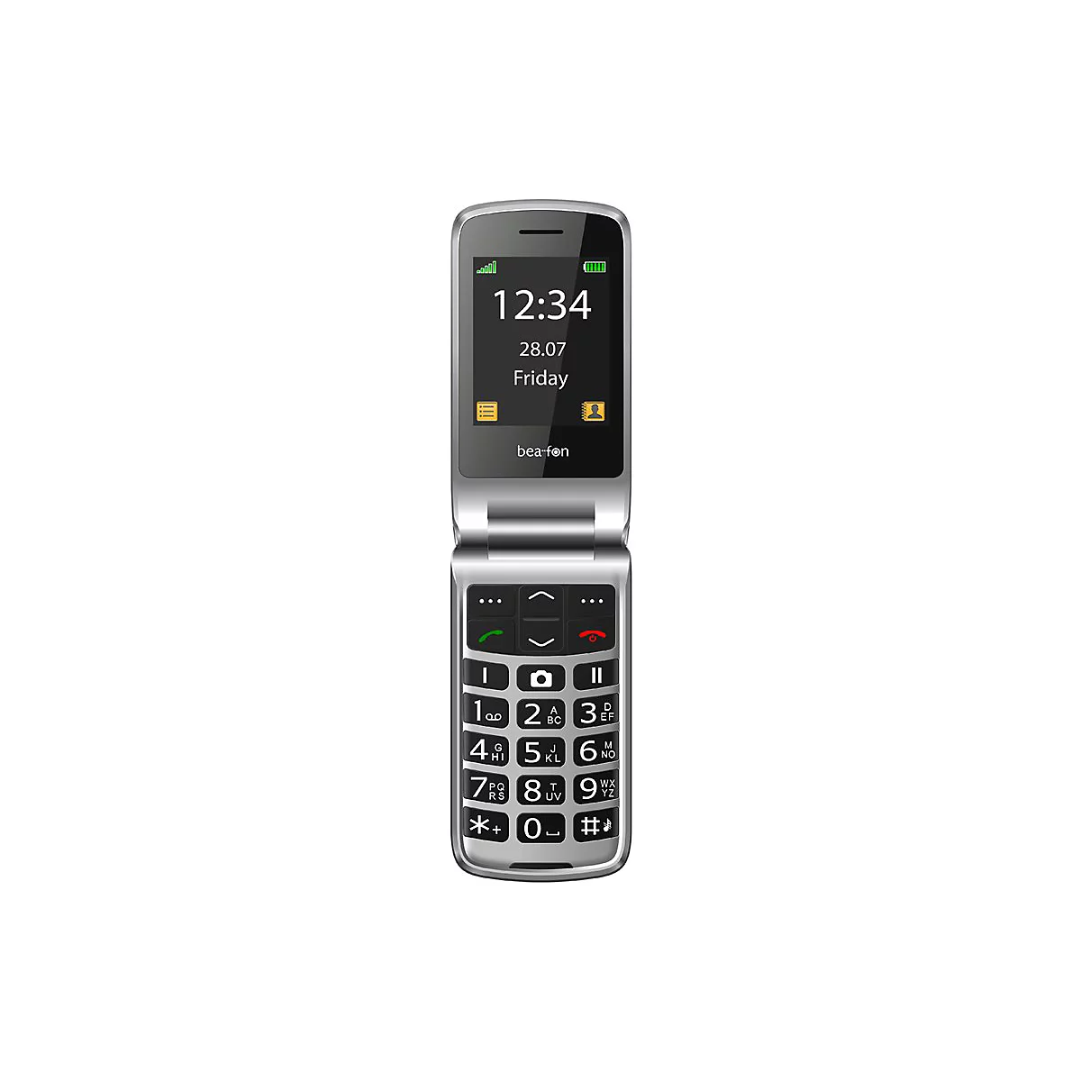 Silbernes Bea-fon Klapphandy in Frontalansicht mit beleuchtetem Display und großer Tastatur.