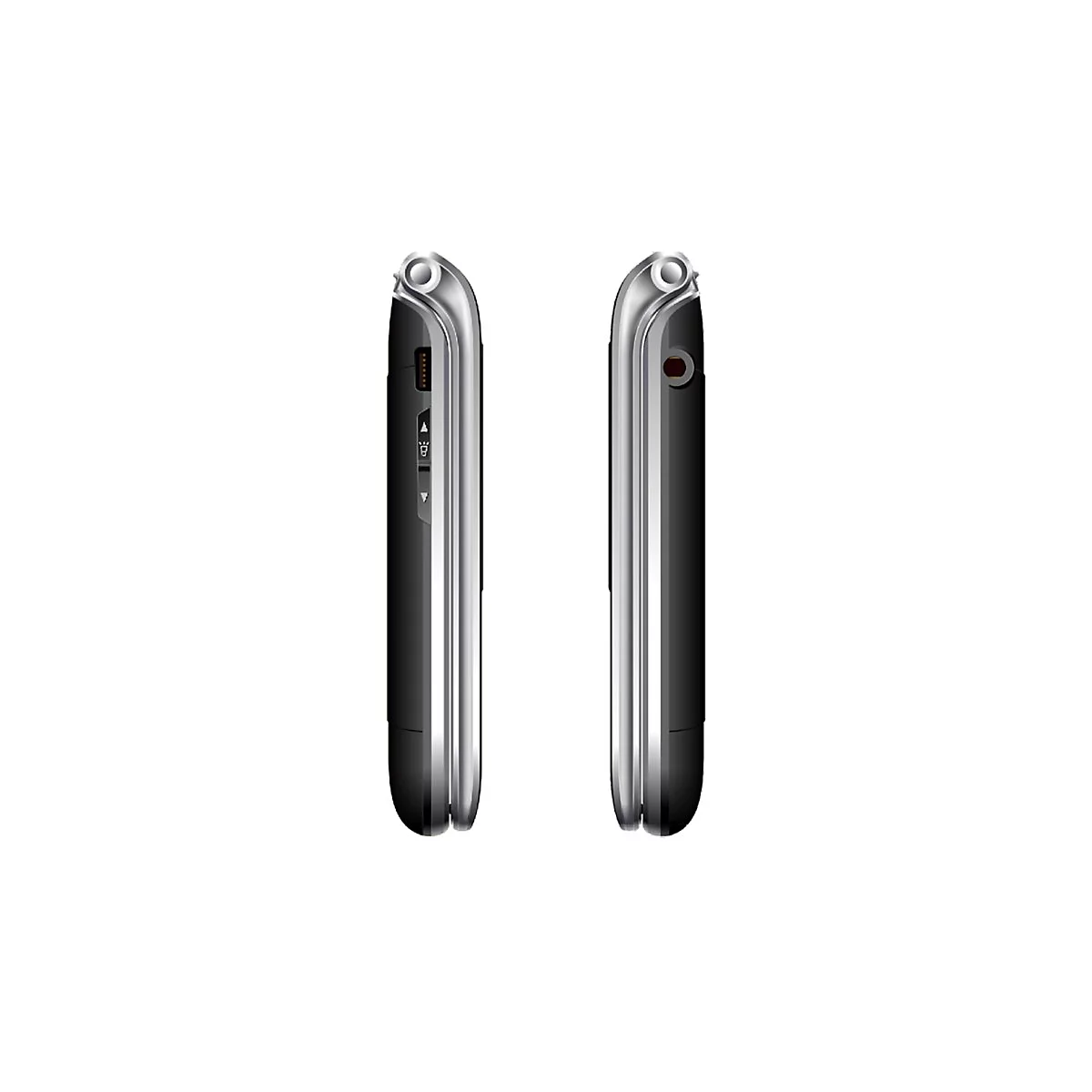 Zwei Seitenansichten eines schwarzen Mobiltelefons mit silbernen Akzenten.