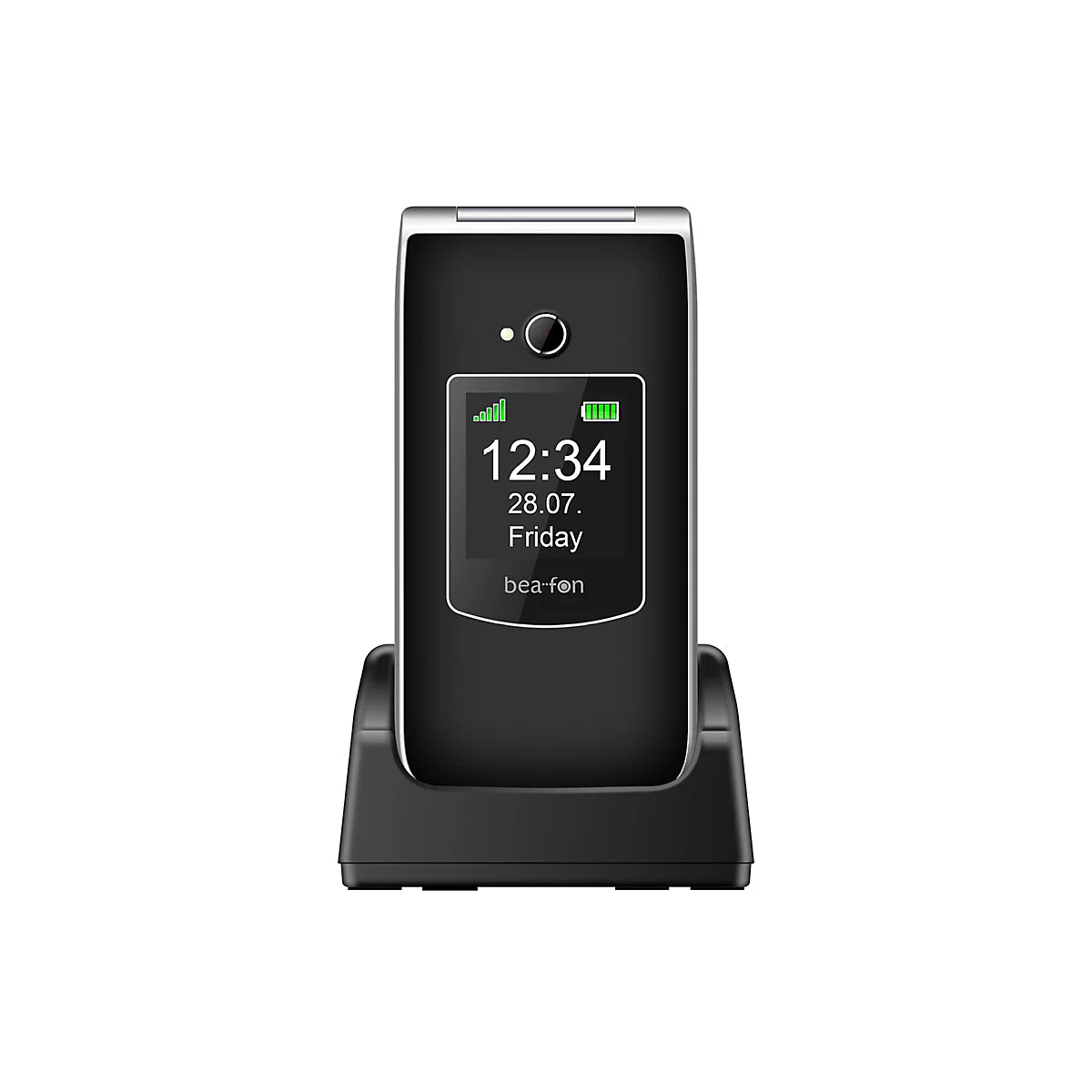Schwarzes Klapphandy mit Uhrzeit 12:34 und Ladeschale.