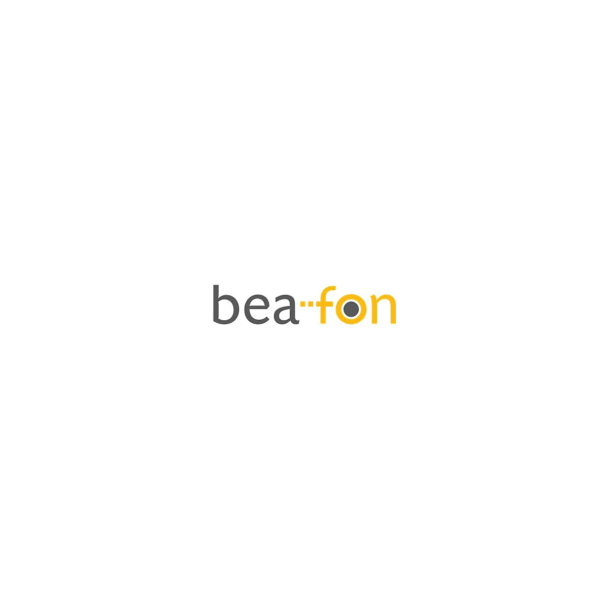 Das Firmenlogo von bea-fon in grauer und gelber Schrift auf weißem Hintergrund.