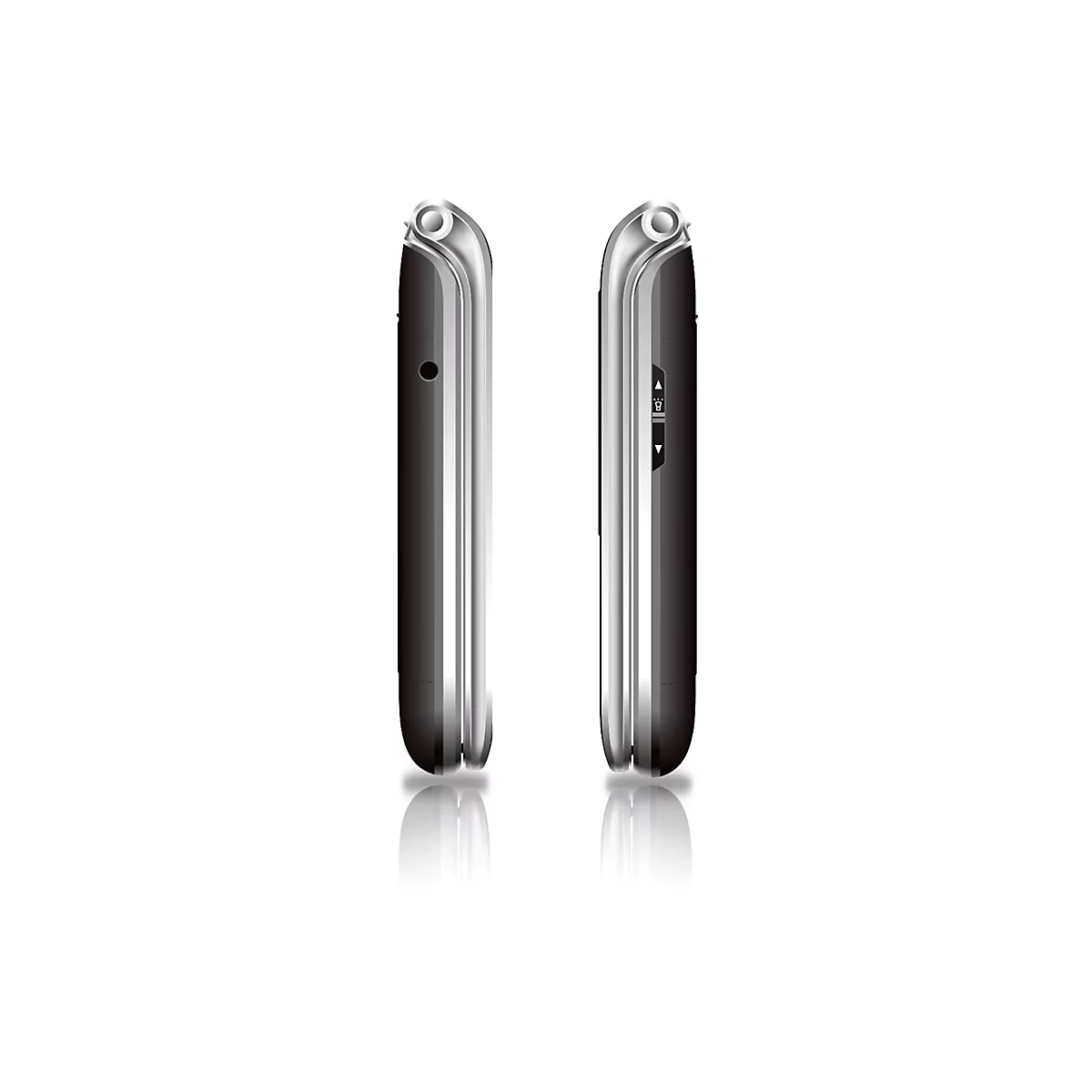 Zwei schwarze Mobiltelefone im Profil, mit silbernen Akzenten und einer Reflexion auf weißem Hintergrund.