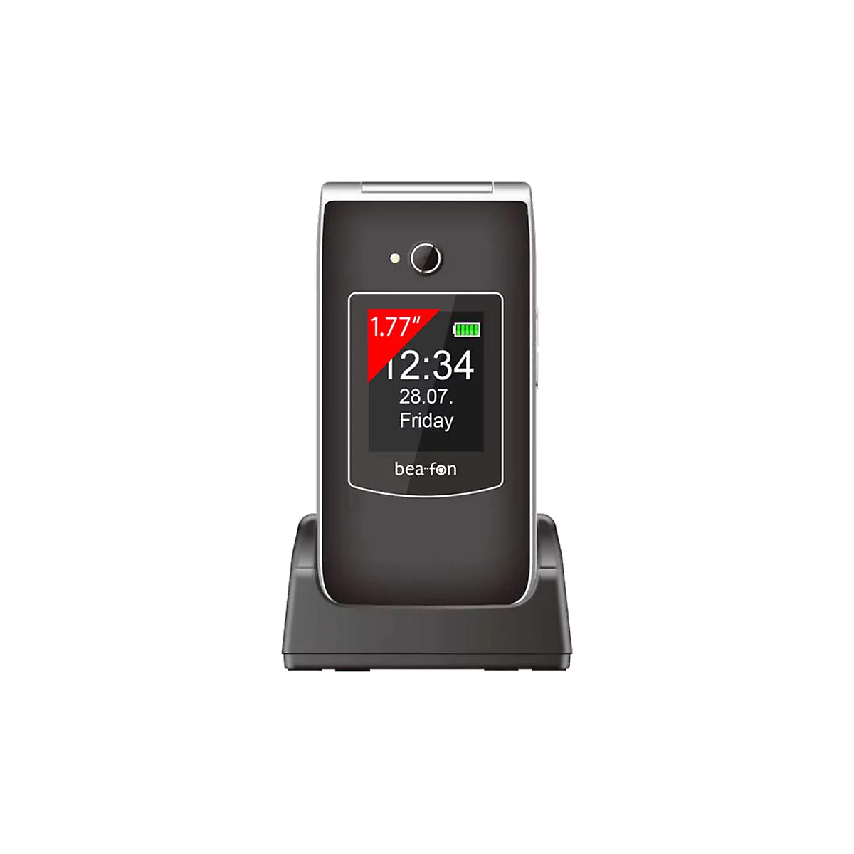 Ein schwarzes Klapphandy in einer Ladestation. Auf dem Display: Uhrzeit, Datum und Schriftzug 'bea-fon'.