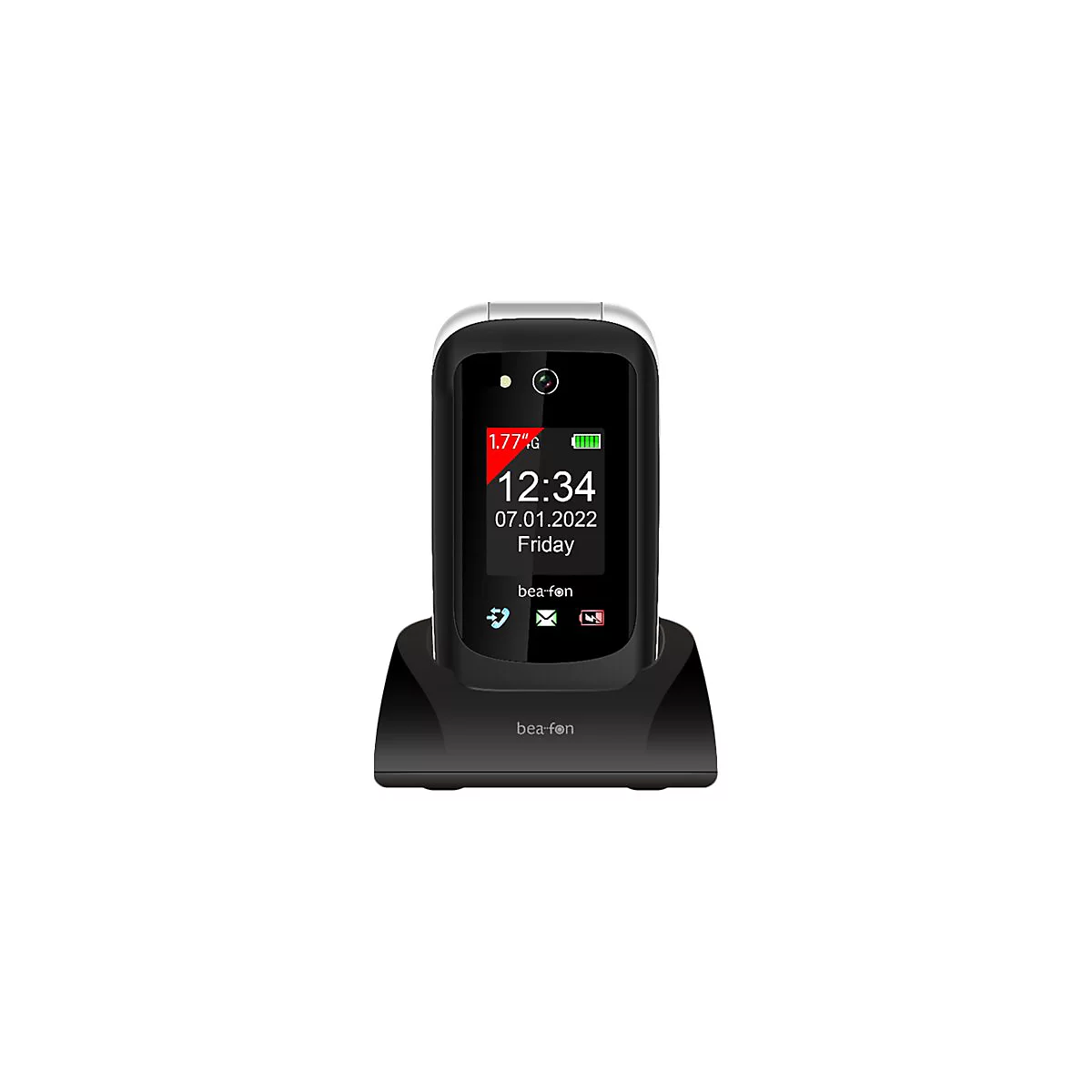 Schwarzes Klapphandy in Ladestation. Uhrzeit 12:34, Datum 07.01.2022, Freitag. Schriftzug 'bea-fon'.