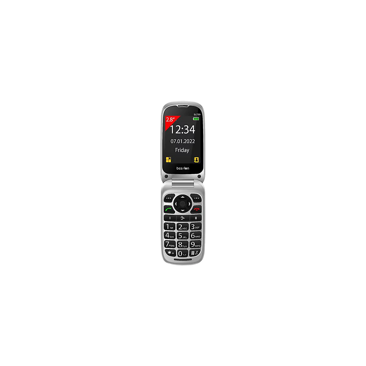 Klapphandy, silber, Display zeigt Uhrzeit, Datum, Tag an. Tasten mit groÃŸen Ziffern.