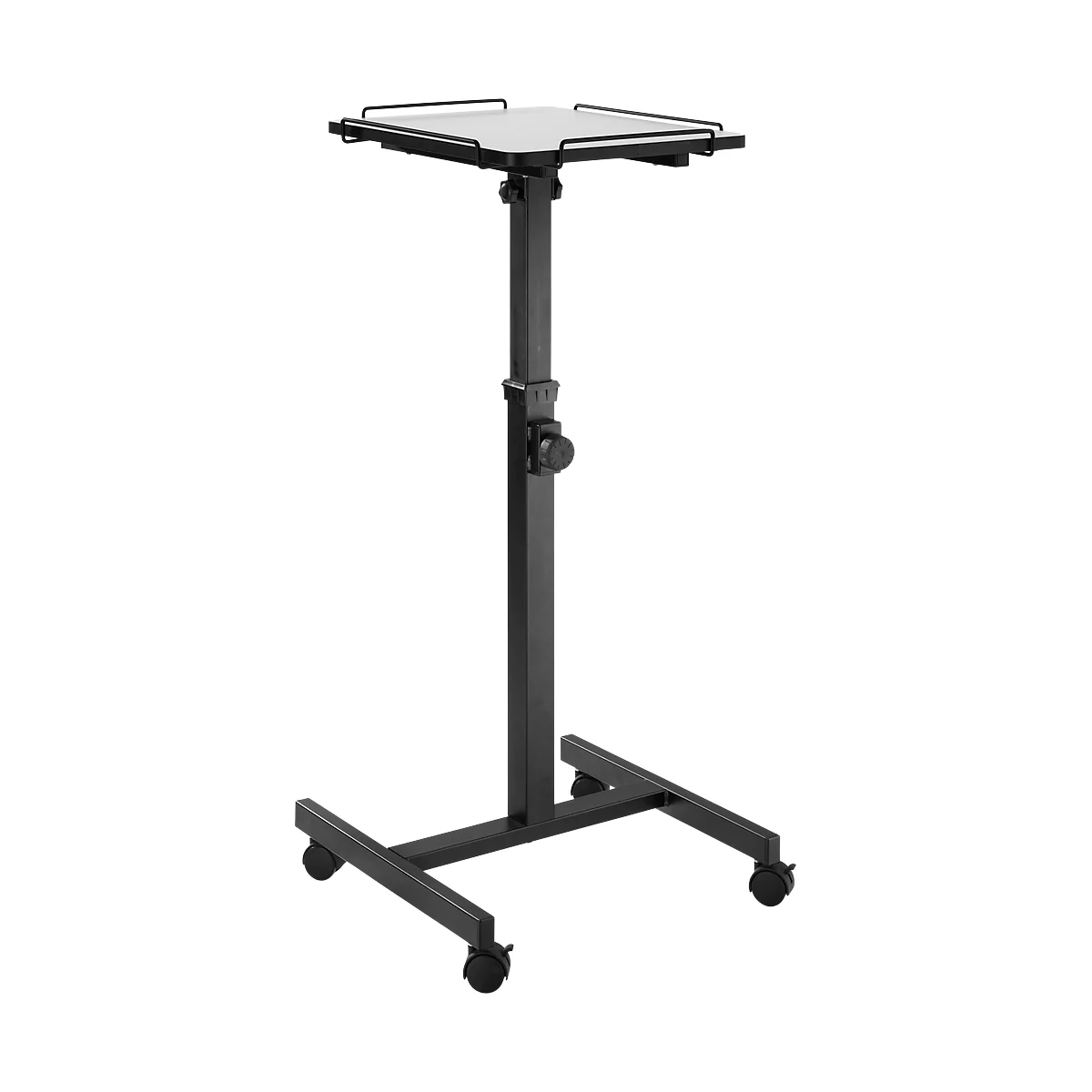 Black, height-adjustable laptop table on castors. Top shelf with corner strips, below a column leg with rotary knob and cross base.