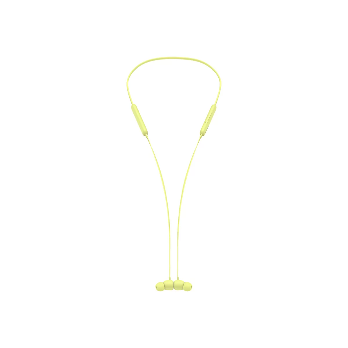 Écouteurs sans fil jaunes sur fond blanc, avec un tour de cou et des écouteurs.
