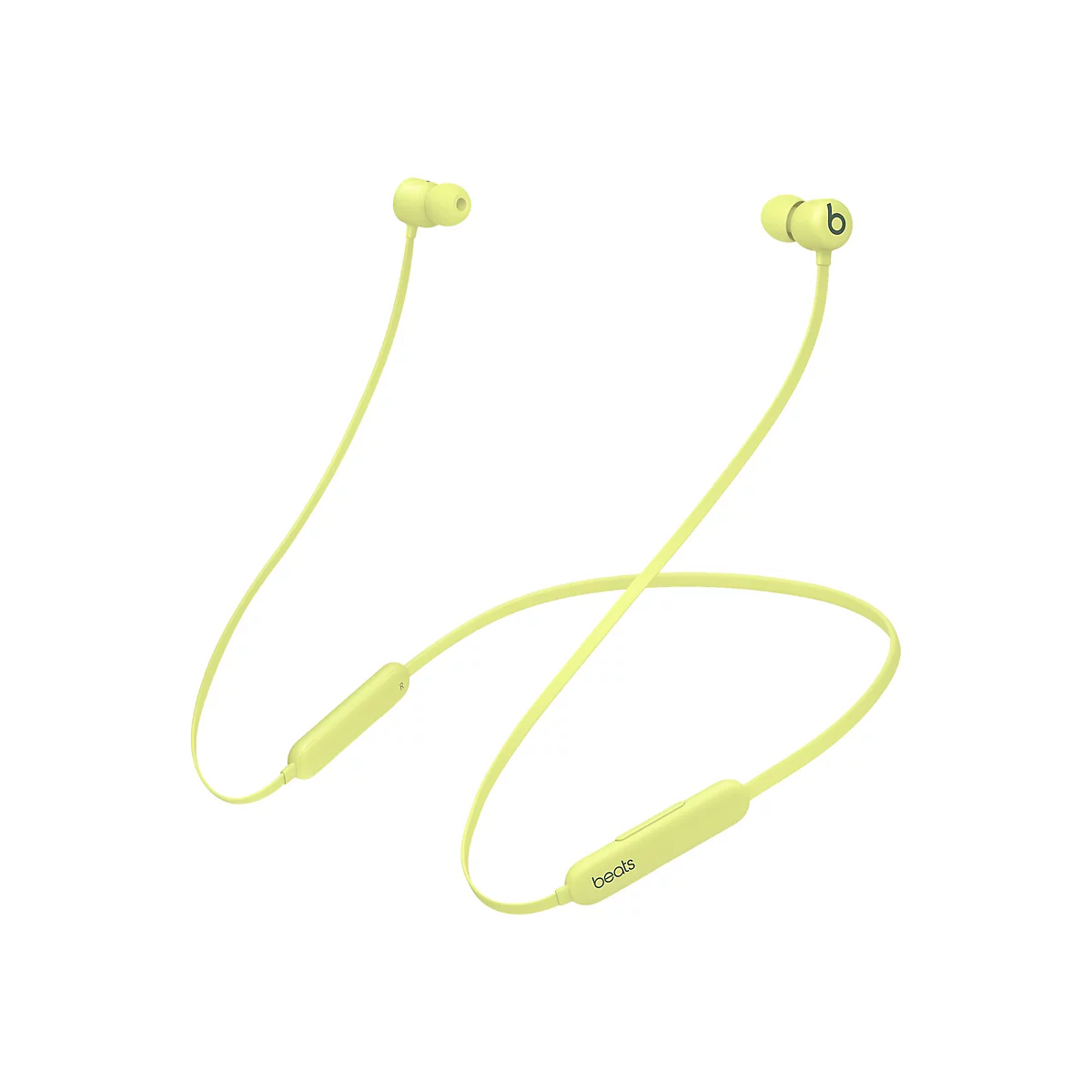 Écouteurs Beats jaune clair sur fond blanc. Les deux écouteurs sont visibles, ainsi que le fil de connexion et le module de commande.