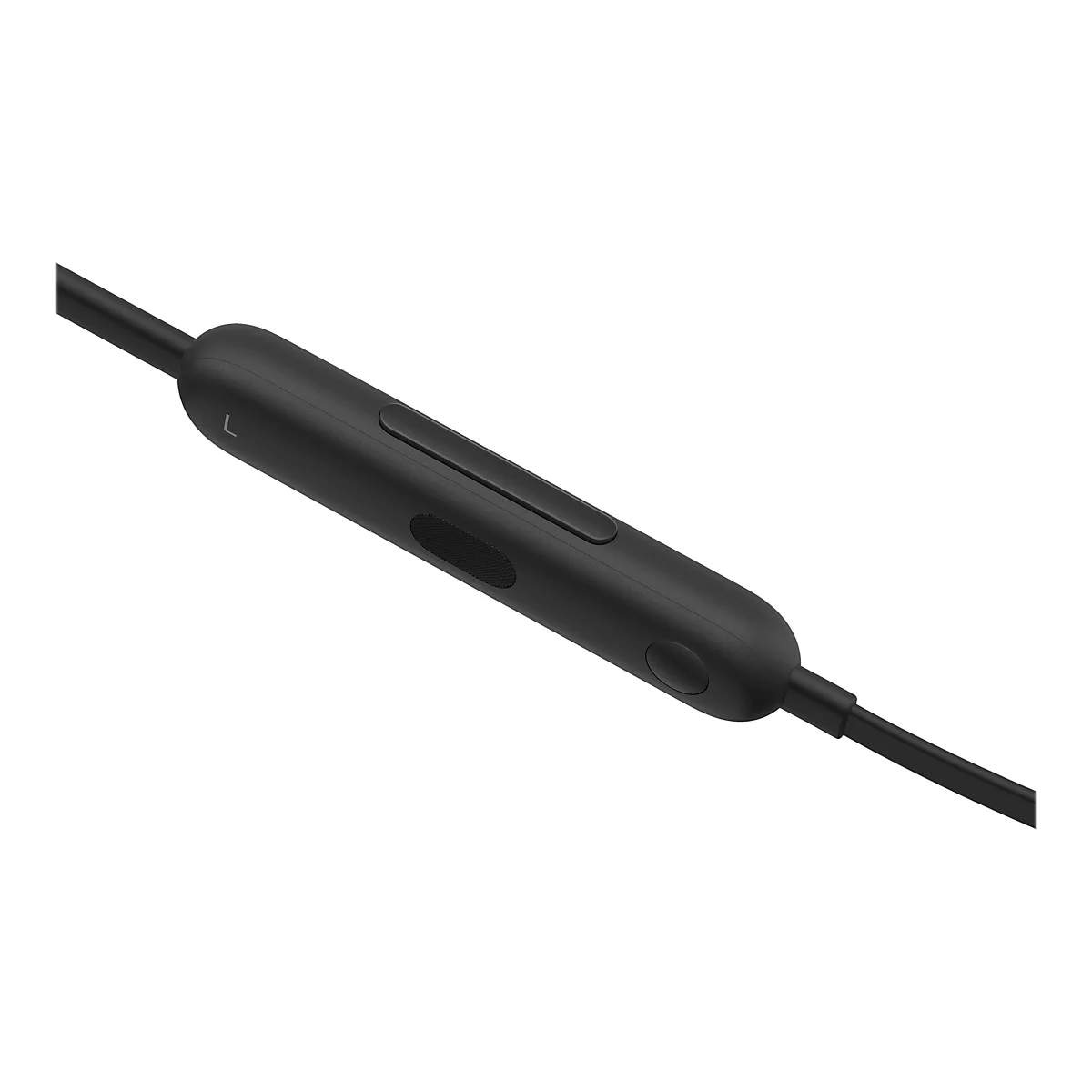 Gros plan sur un boîtier de commande de casque noir. Il y a des boutons et une prise microphone sur la surface.