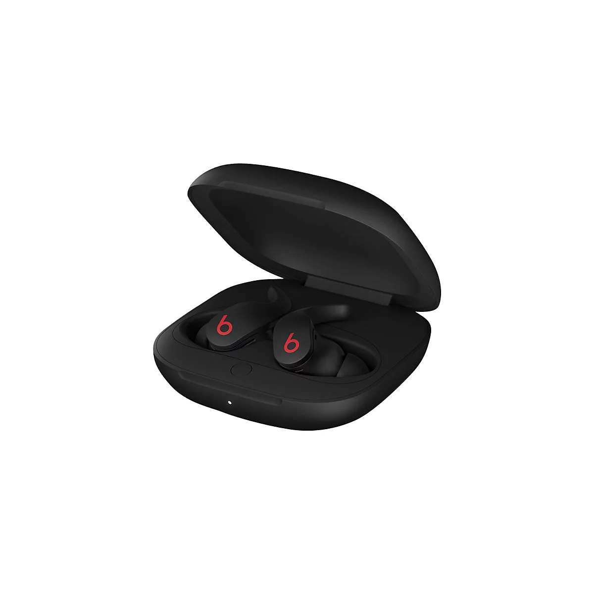 Écouteurs Beats noirs dans un étui de chargement ouvert. Logos "b" rouges sur les écouteurs. LED blanche.