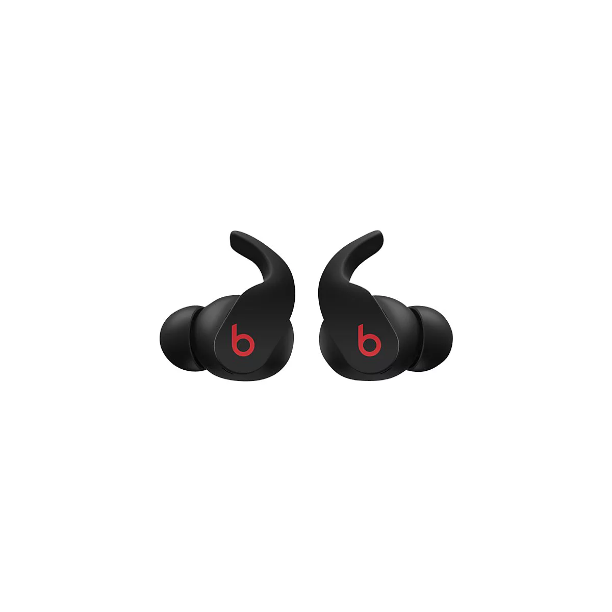 Deux écouteurs intra-auriculaires noirs avec un logo "b" rouge.