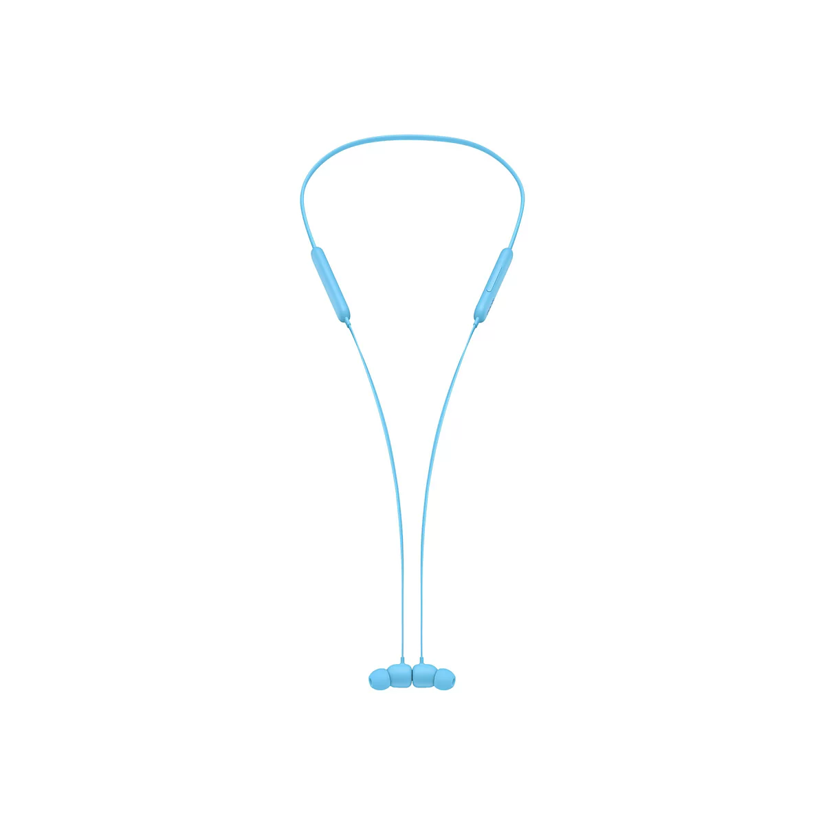 Écouteurs sans fil bleu clair sur fond blanc. L'arceau est incurvé et les écouteurs pendent vers le bas.