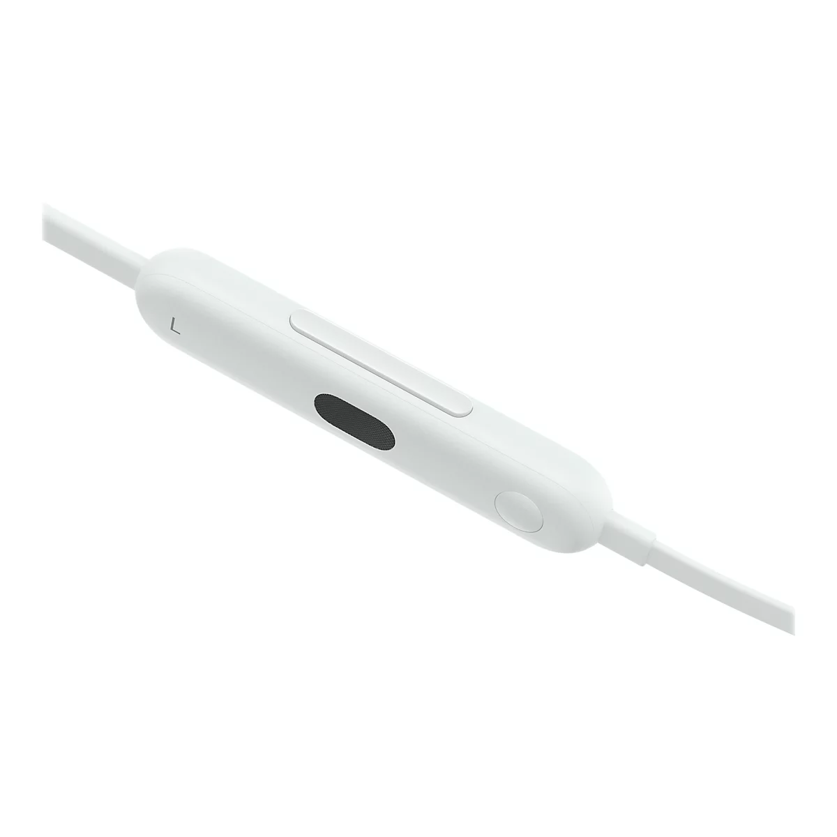 Gros plan sur un câble de casque blanc avec une commande. Bouton noir. Petit cercle en dessous. Le câble est incliné.