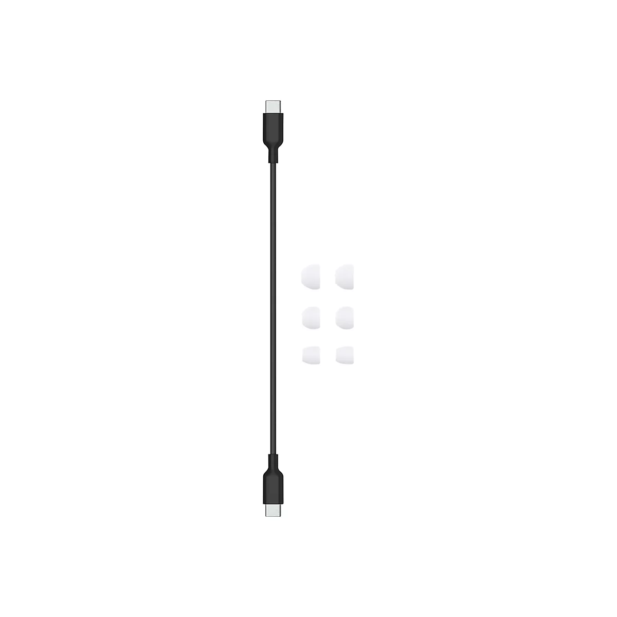 Schwarzes USB-C-Kabel und drei Paar weiÃŸe OhrstÃ¶psel auf weiÃŸem Hintergrund.