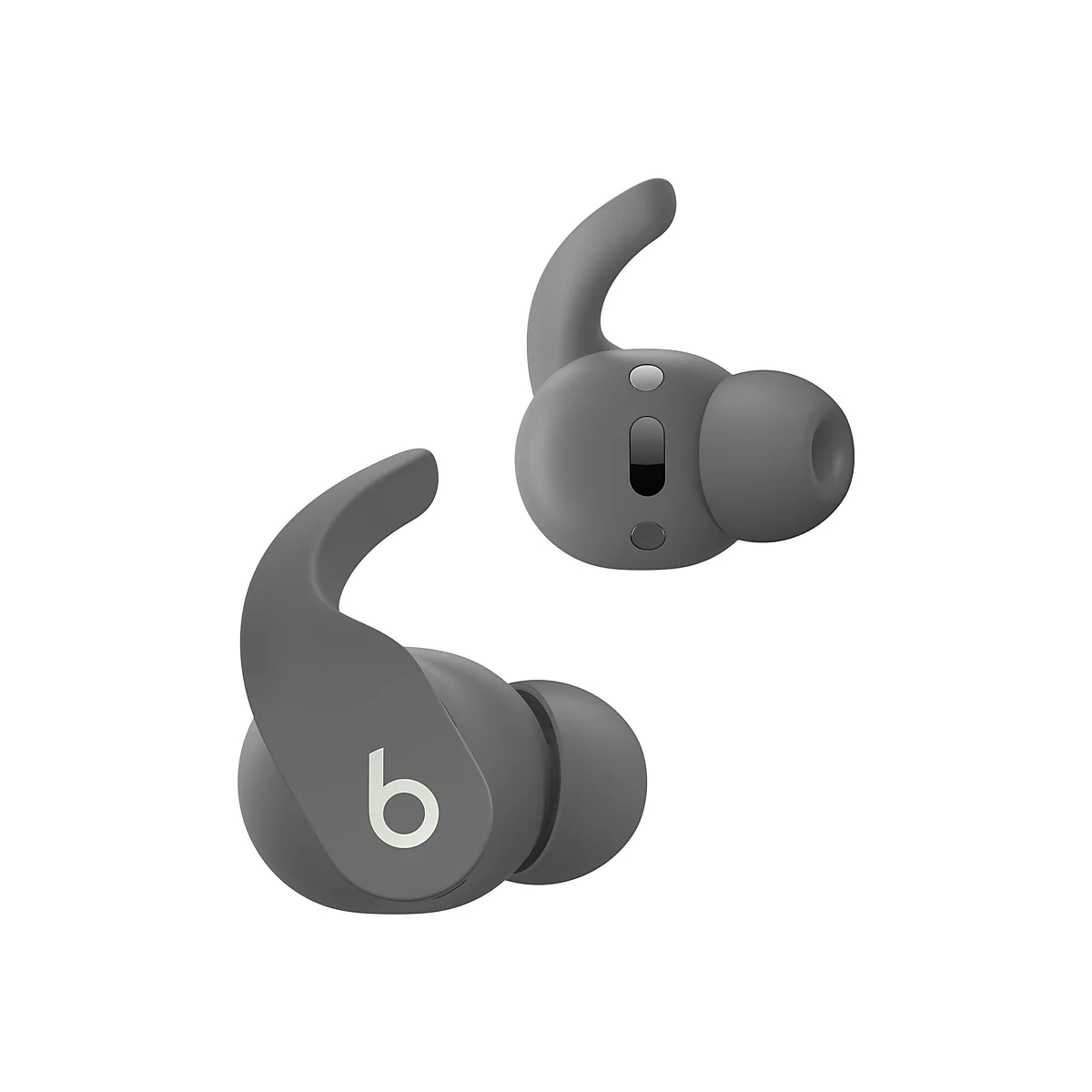 Zwei graue kabellose In-Ear-KopfhÃ¶rer vor weiÃŸem Hintergrund.