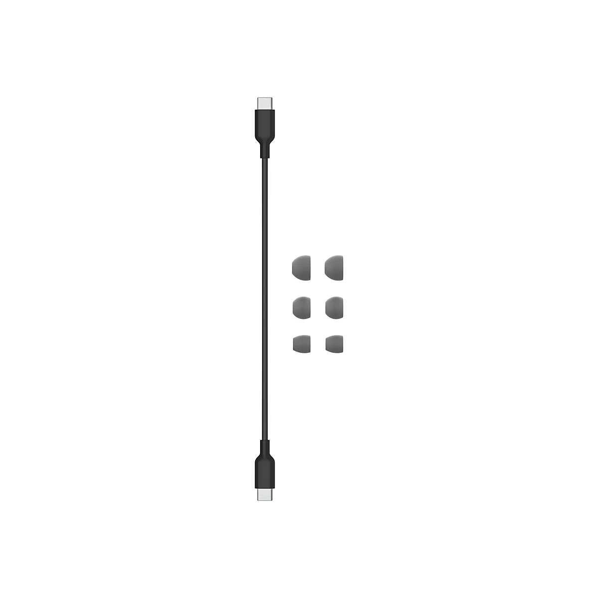Dunkelgraues USB-C-Kabel mit ZubehÃ¶r: Drei Silikon-OhrstÃ¶psel und eine detaillierte Nahaufnahme.