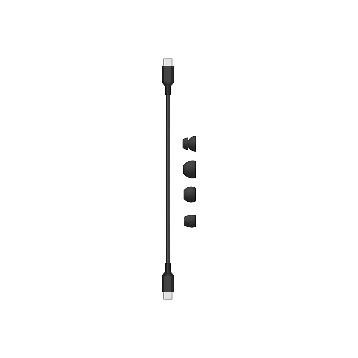 Ein schwarzes USB-C-Kabel und vier unterschiedlich groÃŸe OhrstÃ¶psel auf weiÃŸem Hintergrund.