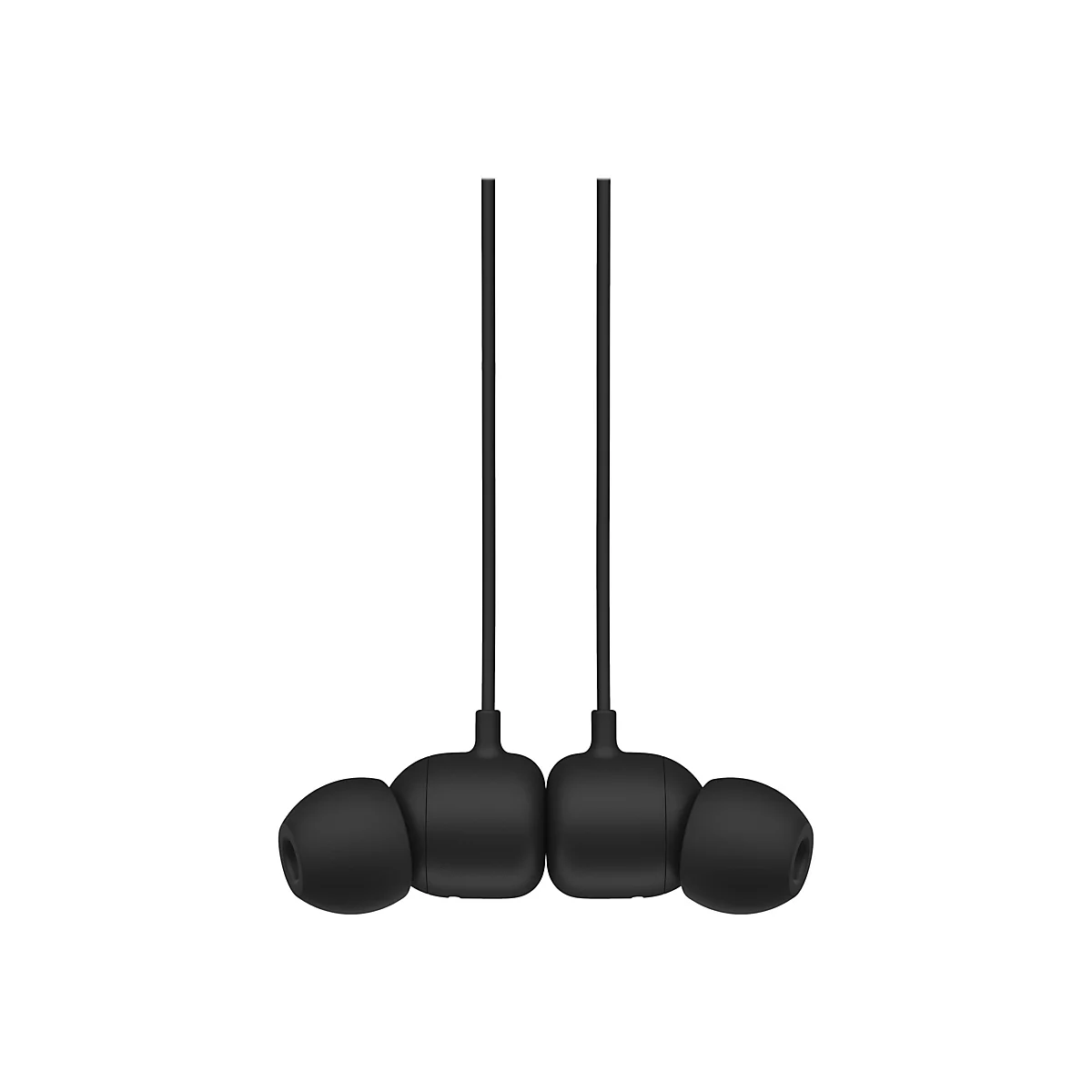 Schwarze In-Ear-KopfhÃ¶rer mit schwarzen Kabeln. Die KopfhÃ¶rer hÃ¤ngen vor weiÃŸem Hintergrund.