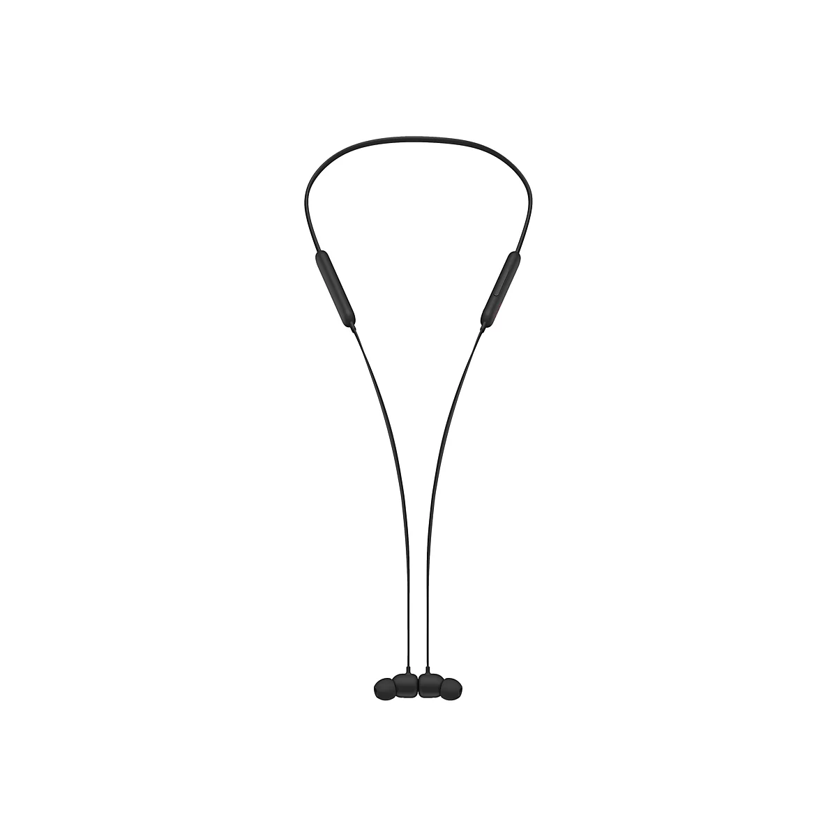 Schwarze In-Ear-KopfhÃ¶rer mit Nackenband, freigestellt vor weiÃŸem Hintergrund.