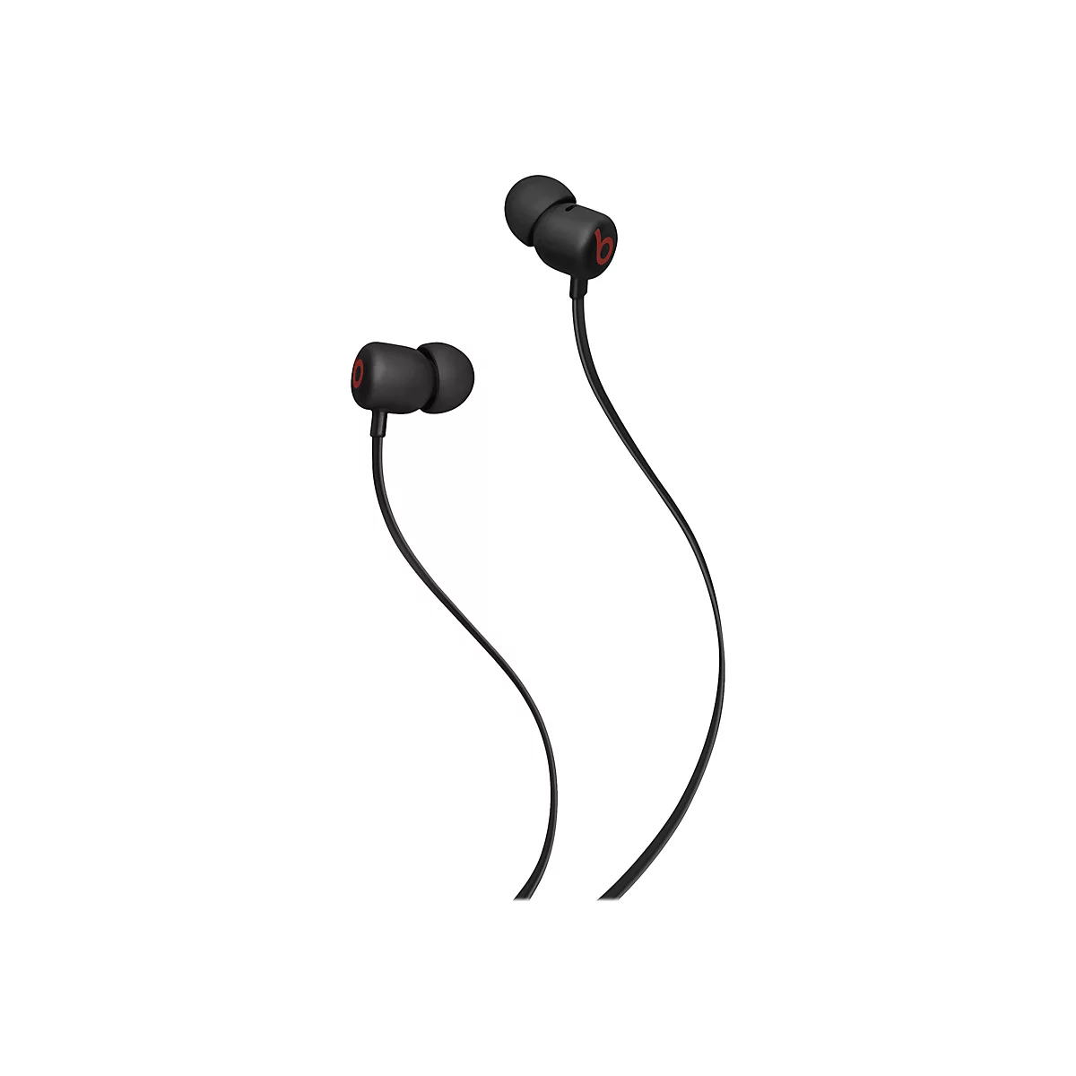 Schwarze In-Ear-KopfhÃ¶rer, rote Akzente, Kabel in sanfter Welle vor weiÃŸem Hintergrund.