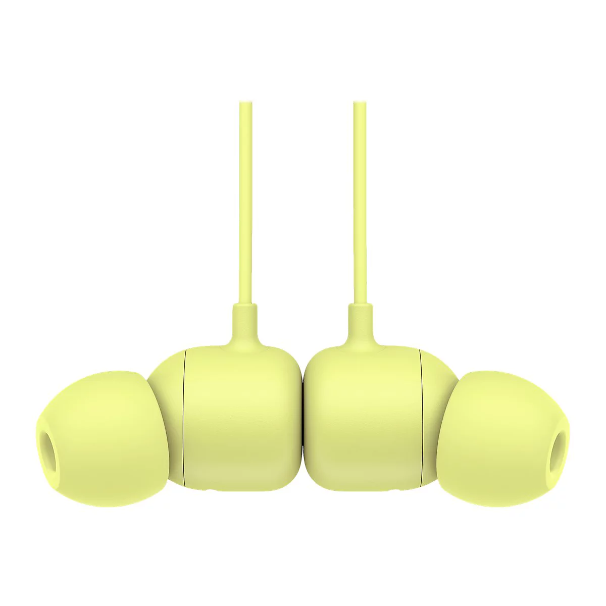 Hellgelbe In-Ear-KopfhÃ¶rer mit Kabel, Nahaufnahme.