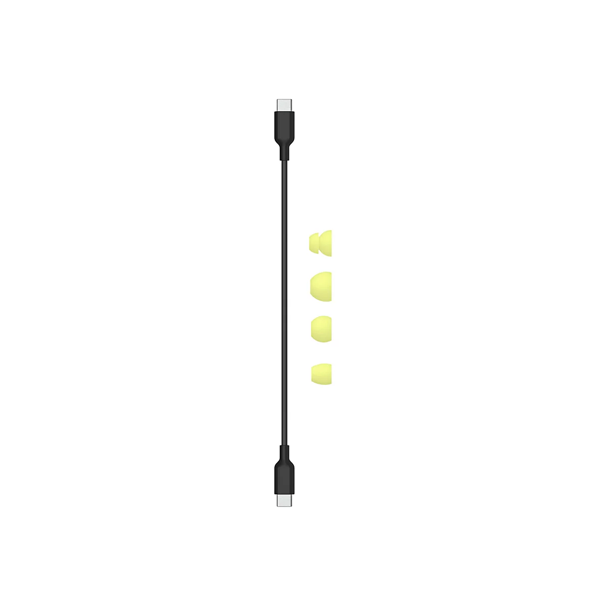 Schwarzes USB-C-Kabel und gelbe OhrstÃ¶psel, vor weiÃŸem Hintergrund.