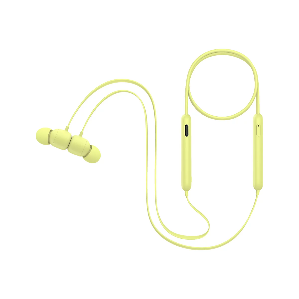 Hellgelbe kabellose OhrhÃ¶rer mit Nackenband. Die OhrhÃ¶rer sind durch ein Kabel miteinander verbunden. Der Hintergrund ist weiÃŸ.