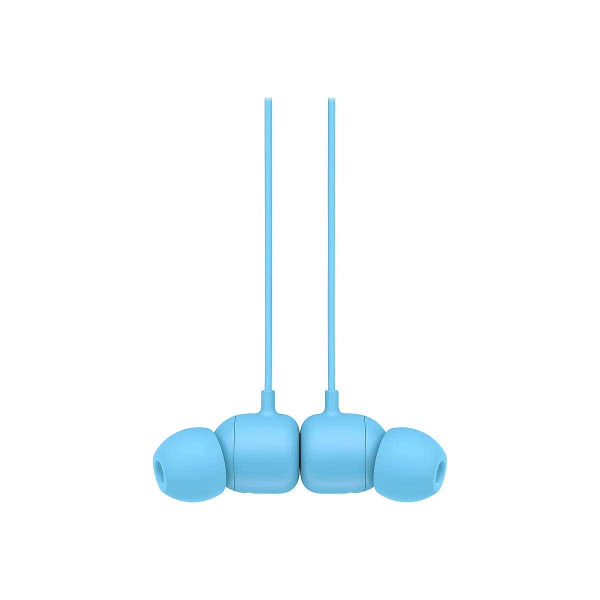 Hellblaue kabellose Ohrhörer mit Kabel, vor weißem Hintergrund. Zwei Ohrhörer mit Ohrstöpseln, durch ein Kabel verbunden.