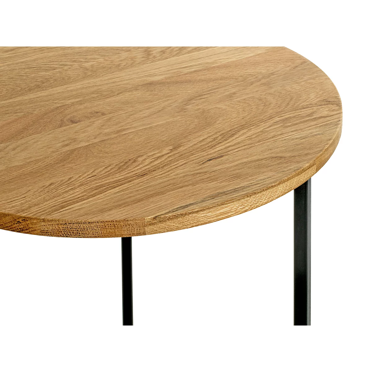 Runder Beistelltisch mit Holzplatte und schwarzem Metallgestell. Maße: 50 cm Durchmesser, 52 cm Höhe.