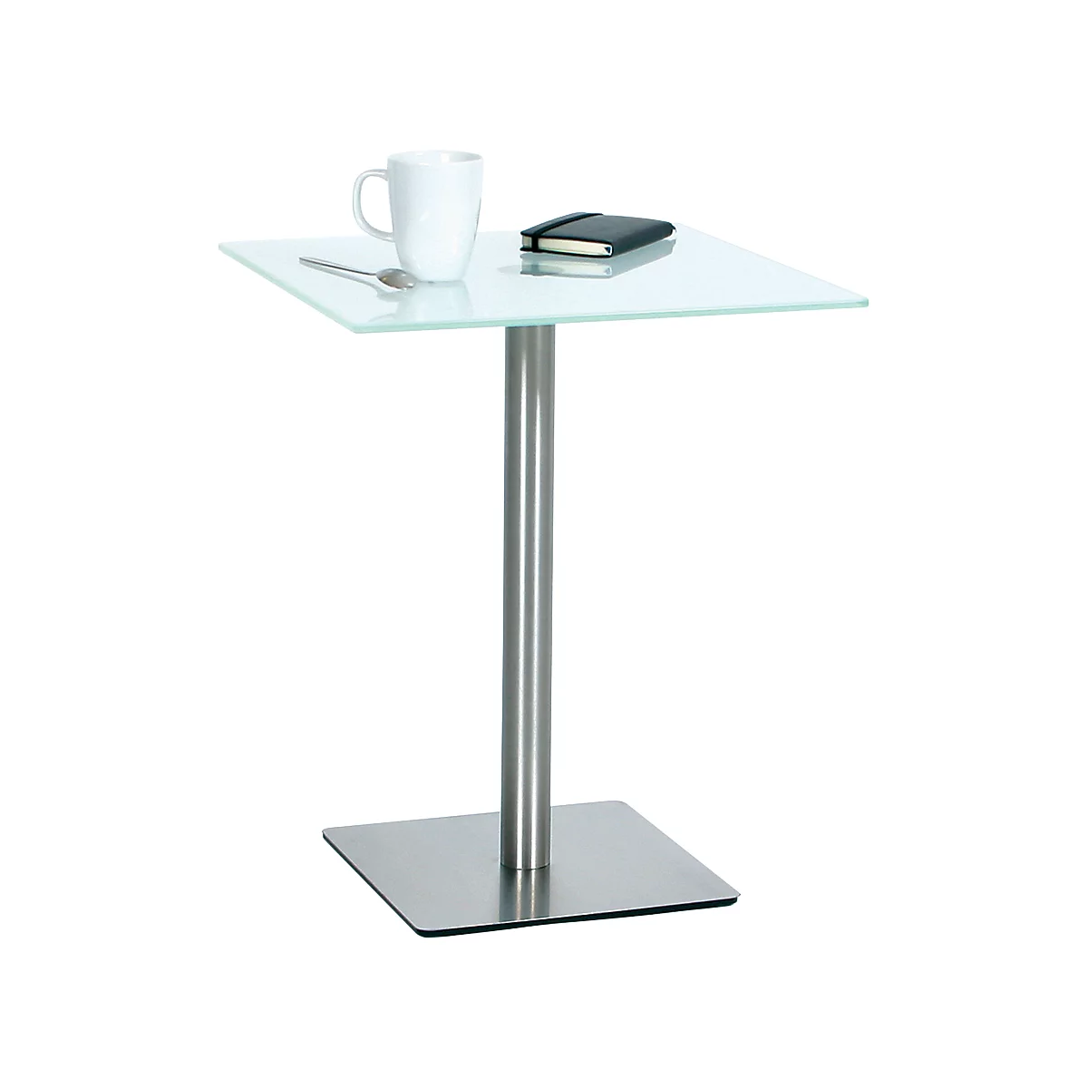 Quadratischer Bistrotisch mit Glasplatte und einem Standfuß aus Edelstahl, dekoriert mit einer Tasse und einem Notizbuch.