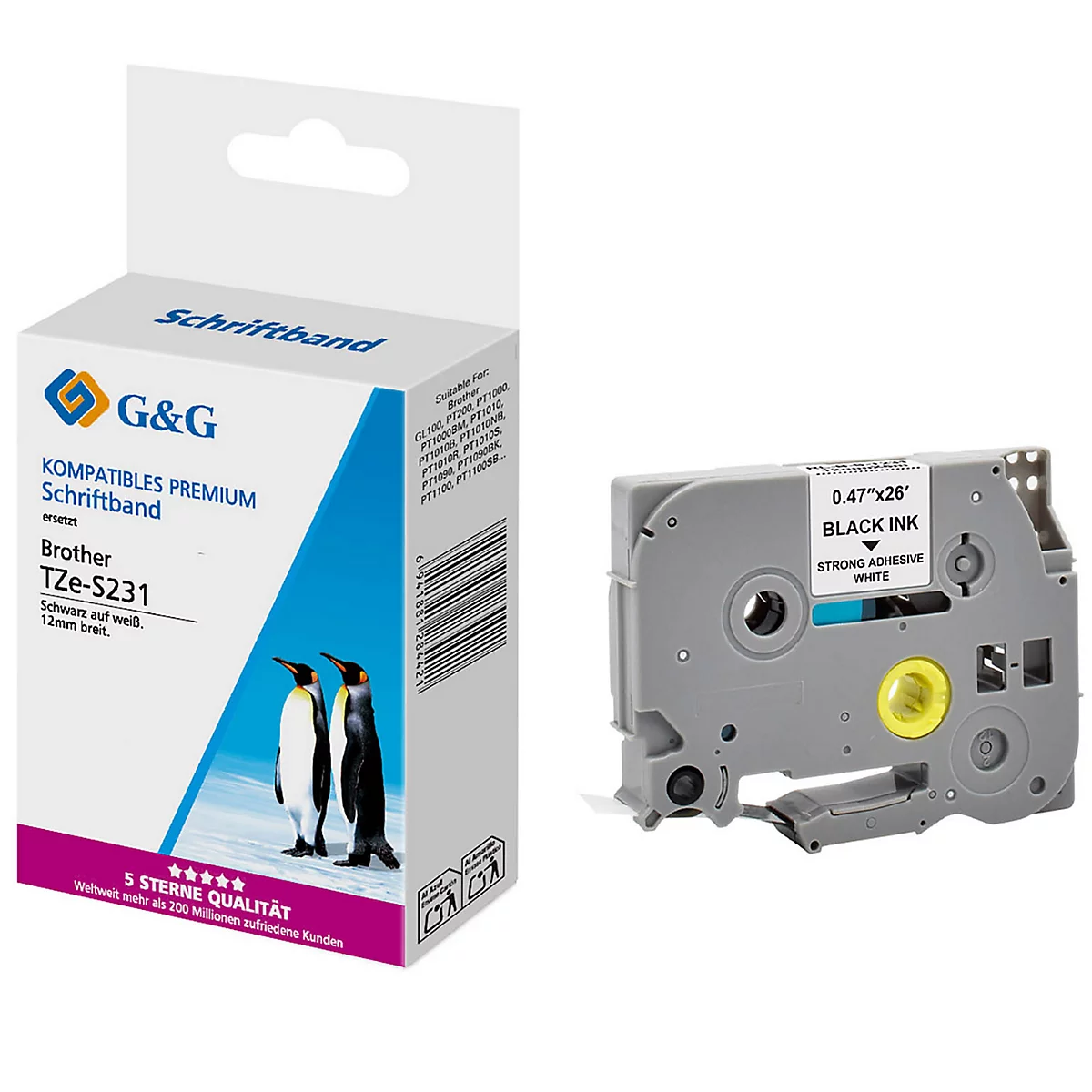 Een verpakking met etikettentape en een rol etikettentape. De verpakking is wit en blauw, de rol is grijs.