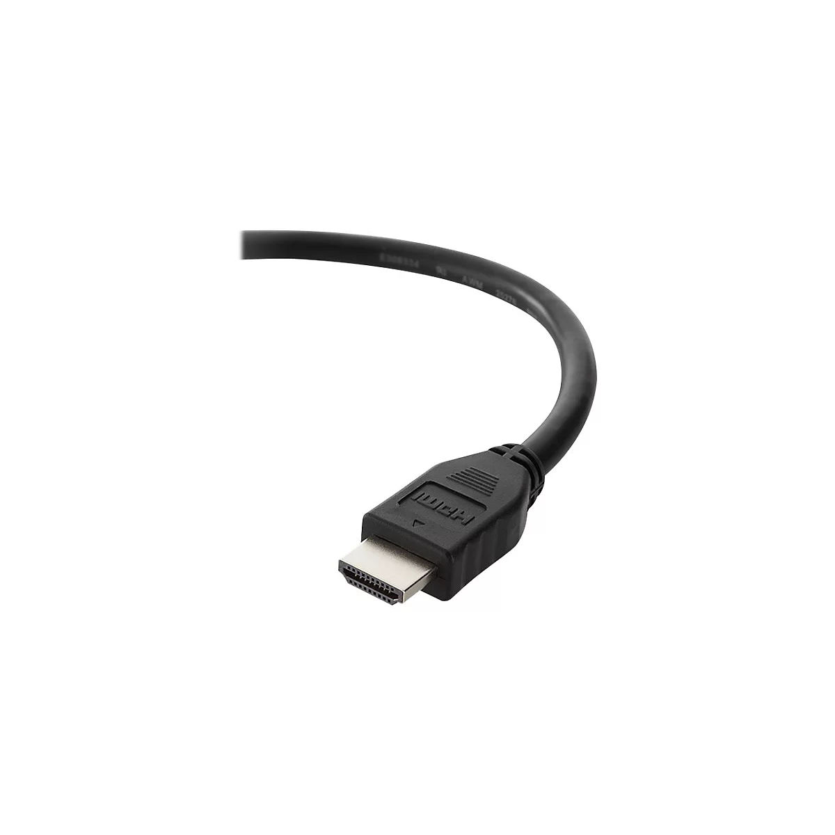 Câble HDMI noir avec connecteur, les contacts sont argentés.