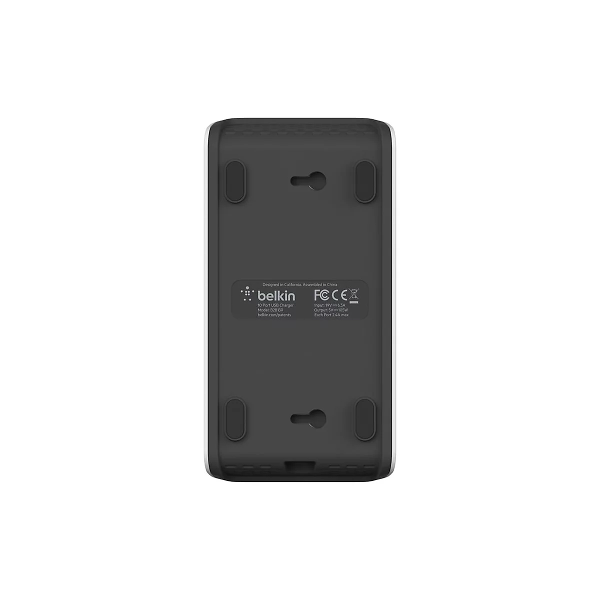 Schwarzes Belkin-Ladegerät mit Aufdruck. Oben Schriftzug: Belkin, 10 Port USB Charger. Unten Technische Daten.