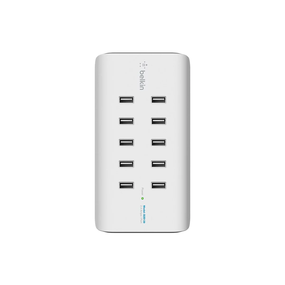 Weißes Belkin-Ladegerät mit 10 USB-Anschlüssen. Oben das Belkin-Logo, darunter die Anschlüsse. Rechts steht Power und 2.4 Amps / Port.